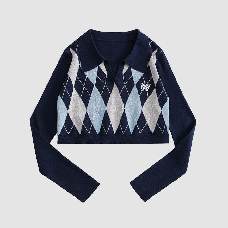 Style Core Aesthetics, New Style Trends Turndown Collar Butterfly Embroidery Cropped Sweater