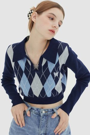 Style Core Aesthetics, New Style Trends Turndown Collar Butterfly Embroidery Cropped Sweater