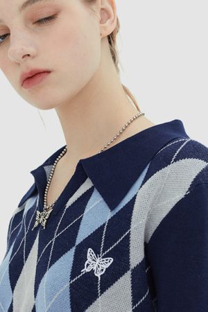 Style Core Aesthetics, New Style Trends Turndown Collar Butterfly Embroidery Cropped Sweater