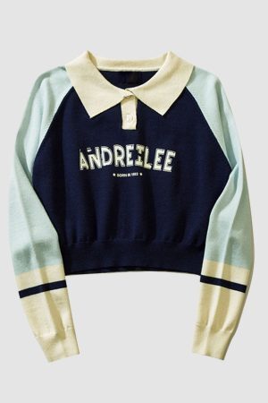 Style Core Aesthetics, New Style Trends Turndown Collar Letter Print Cropped Sweater