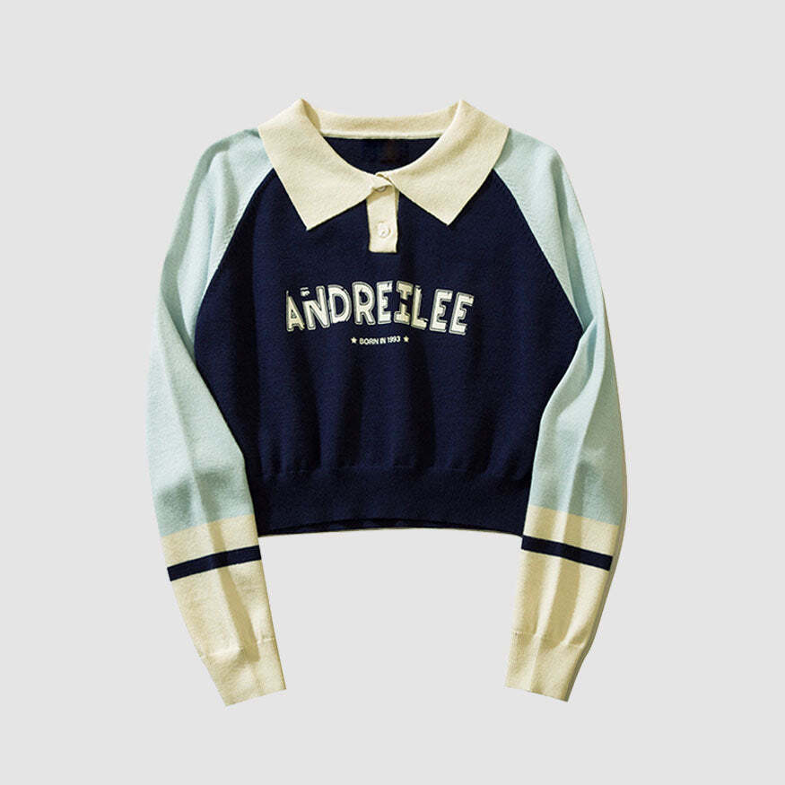 Style Core Aesthetics, New Style Trends Turndown Collar Letter Print Cropped Sweater