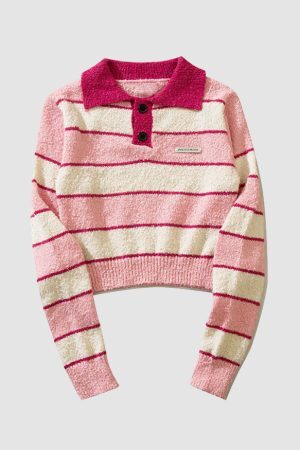 Style Core Aesthetics, New Style Trends Turndown Collar Stripe Cropped Sweater