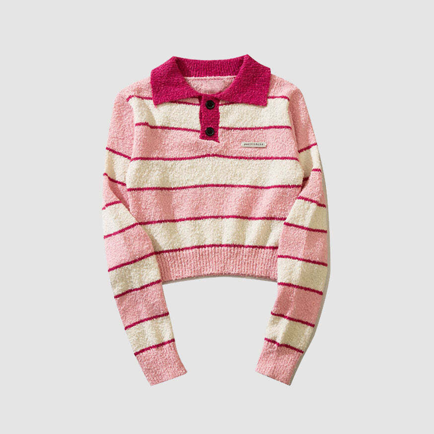 Style Core Aesthetics, New Style Trends Turndown Collar Stripe Cropped Sweater