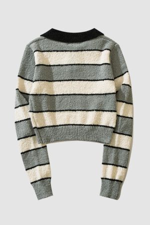Style Core Aesthetics, New Style Trends Turndown Collar Stripe Cropped Sweater