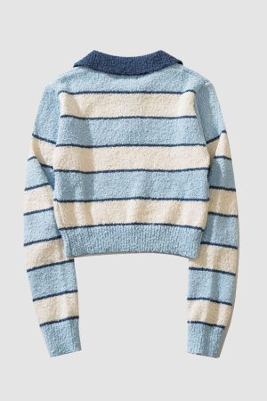 Style Core Aesthetics, New Style Trends Turndown Collar Stripe Cropped Sweater