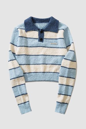 Style Core Aesthetics, New Style Trends Turndown Collar Stripe Cropped Sweater