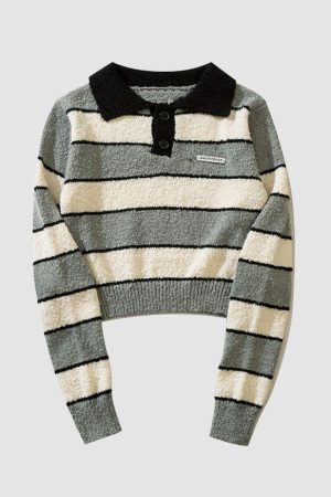 Style Core Aesthetics, New Style Trends Turndown Collar Stripe Cropped Sweater
