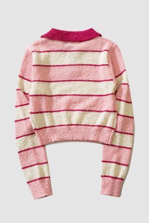 Style Core Aesthetics, New Style Trends Turndown Collar Stripe Cropped Sweater