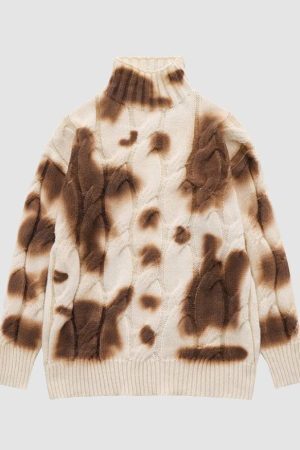 Style Core Aesthetics, New Style Trends Turtleneck Tie-Dye Print Cable Knit Sweater