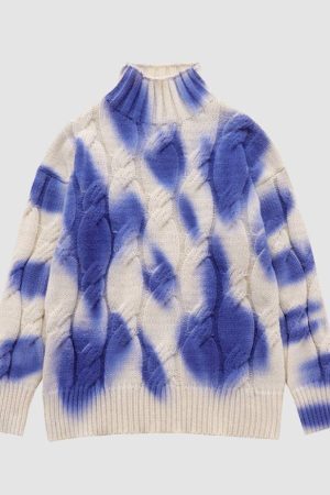 Style Core Aesthetics, New Style Trends Turtleneck Tie-Dye Print Cable Knit Sweater