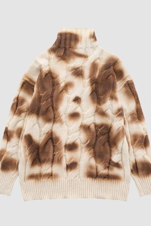 Style Core Aesthetics, New Style Trends Turtleneck Tie-Dye Print Cable Knit Sweater