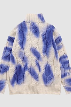 Style Core Aesthetics, New Style Trends Turtleneck Tie-Dye Print Cable Knit Sweater