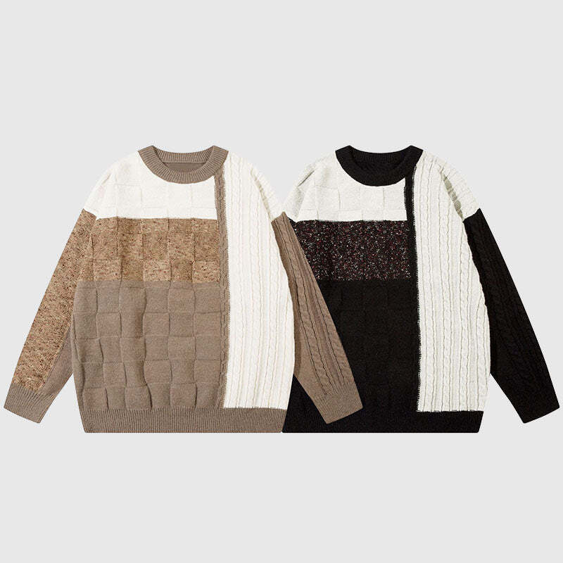 Style Core Aesthetics, New Style Trends Twisted Design Patchwork Knit Pullover Style Core Aesthetics, New Style Trends Twisted Design Patchwork Knit Pullover