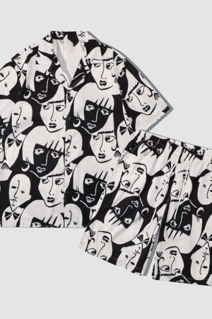 Style Core Aesthetics, New Style Trends Two Piece Abstract Figure Painting Shirt + Shorts