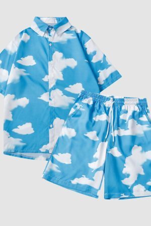 Style Core Aesthetics, New Style Trends Two Piece Cloud Print Shirt + Shorts