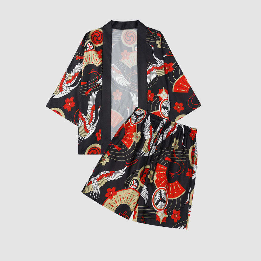 Style Core Aesthetics, New Style Trends Two Piece Crane Print Kimono + Shorts