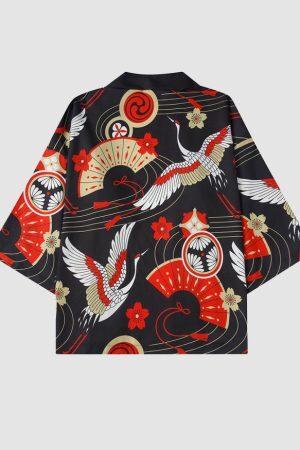 Style Core Aesthetics, New Style Trends Two Piece Crane Print Kimono + Shorts