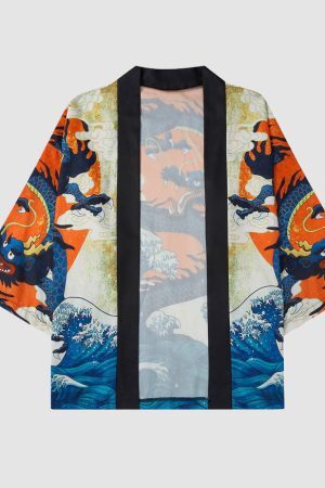 Style Core Aesthetics, New Style Trends Two Piece Dragon Print Kimono + Shorts