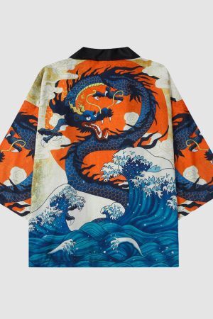 Style Core Aesthetics, New Style Trends Two Piece Dragon Print Kimono + Shorts