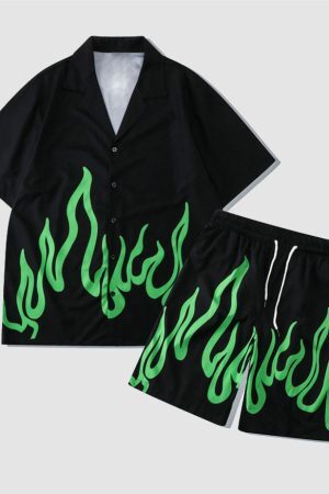 Style Core Aesthetics, New Style Trends Two Piece Flame Print Shirt + Shorts