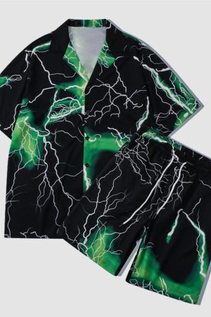 Style Core Aesthetics, New Style Trends Two Piece Lightning Print Shirt + Shorts