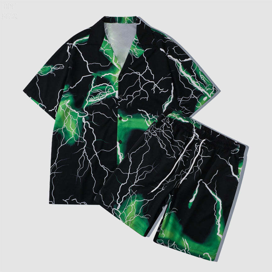Style Core Aesthetics, New Style Trends Two Piece Lightning Print Shirt + Shorts