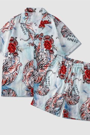 Style Core Aesthetics, New Style Trends Two Piece Tiger & Rose Print Shirt + Shorts