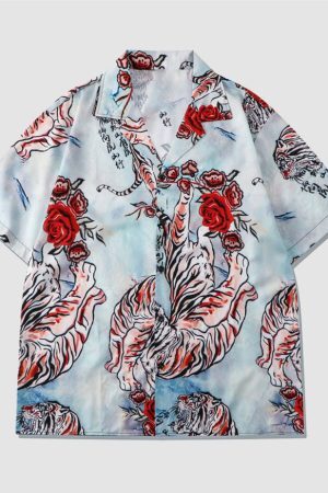 Style Core Aesthetics, New Style Trends Two Piece Tiger & Rose Print Shirt + Shorts