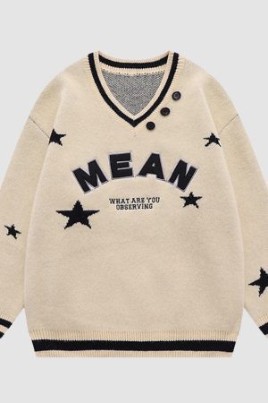 Style Core Aesthetics, New Style Trends V Neck Button Decor Star Pattern Sweater