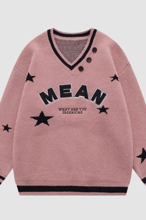 Style Core Aesthetics, New Style Trends V Neck Button Decor Star Pattern Sweater