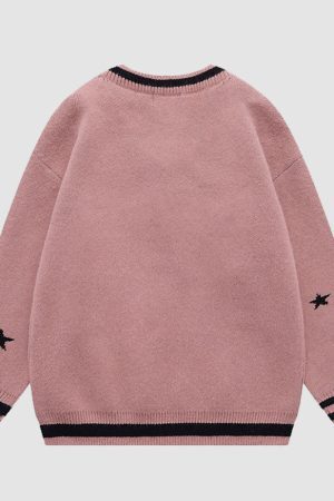 Style Core Aesthetics, New Style Trends V Neck Button Decor Star Pattern Sweater