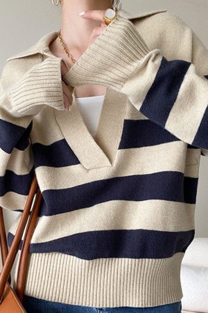 Style Core Aesthetics, New Style Trends V Neck Collared Striped Sweater