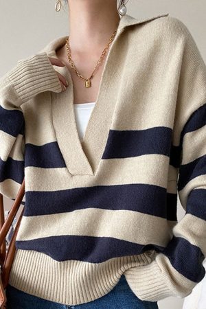 Style Core Aesthetics, New Style Trends V Neck Collared Striped Sweater