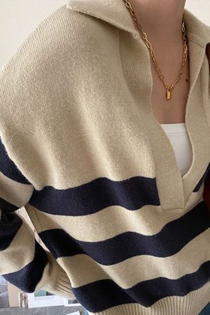 Style Core Aesthetics, New Style Trends V Neck Collared Striped Sweater