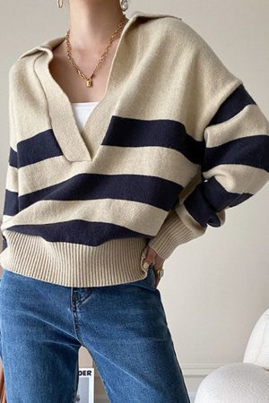 Style Core Aesthetics, New Style Trends V Neck Collared Striped Sweater