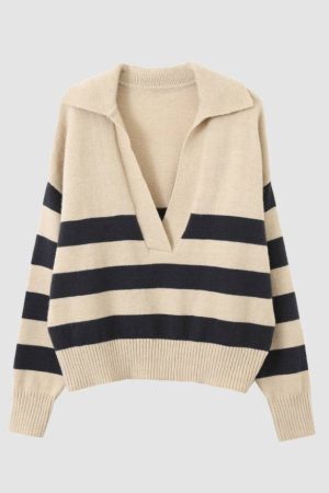 Style Core Aesthetics, New Style Trends V Neck Collared Striped Sweater