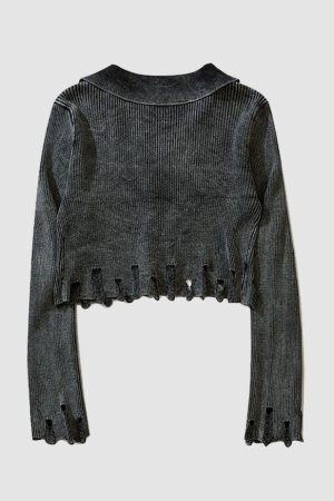 Style Core Aesthetics, New Style Trends V Neck Distressed Star Button Cropped Cardigan Sweater
