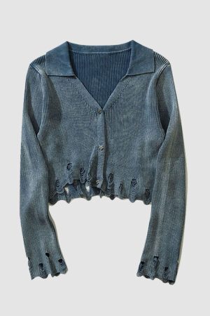 Style Core Aesthetics, New Style Trends V Neck Distressed Star Button Cropped Cardigan Sweater