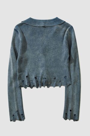 Style Core Aesthetics, New Style Trends V Neck Distressed Star Button Cropped Cardigan Sweater