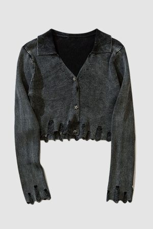 Style Core Aesthetics, New Style Trends V Neck Distressed Star Button Cropped Cardigan Sweater