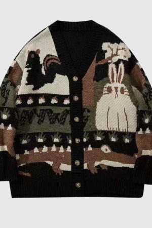 Style Core Aesthetics, New Style Trends Vintage Cartoon Jacquard Cardigan