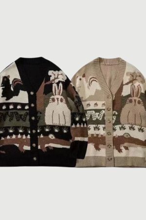 Style Core Aesthetics, New Style Trends Vintage Cartoon Jacquard Cardigan