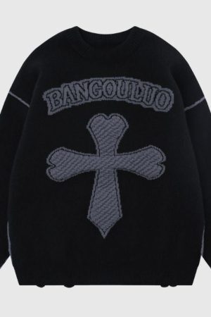 Style Core Aesthetics, New Style Trends Vintage Cross Pattern Embroidered Sweater