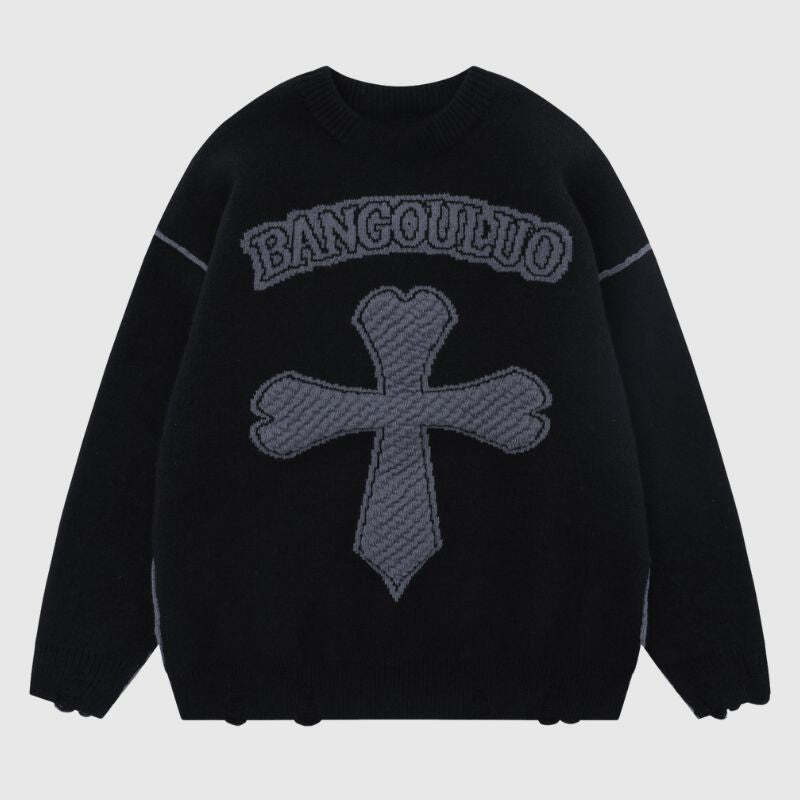Style Core Aesthetics, New Style Trends Vintage Cross Pattern Embroidered Sweater Style Core Aesthetics, New Style Trends Vintage Cross Pattern Embroidered Sweater