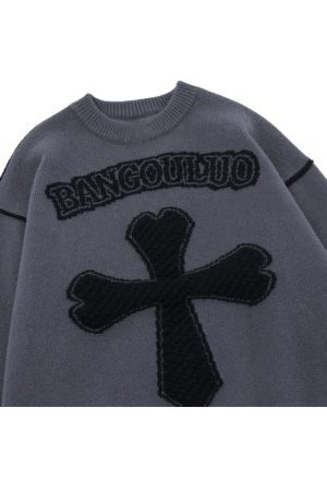 Style Core Aesthetics, New Style Trends Vintage Cross Pattern Embroidered Sweater