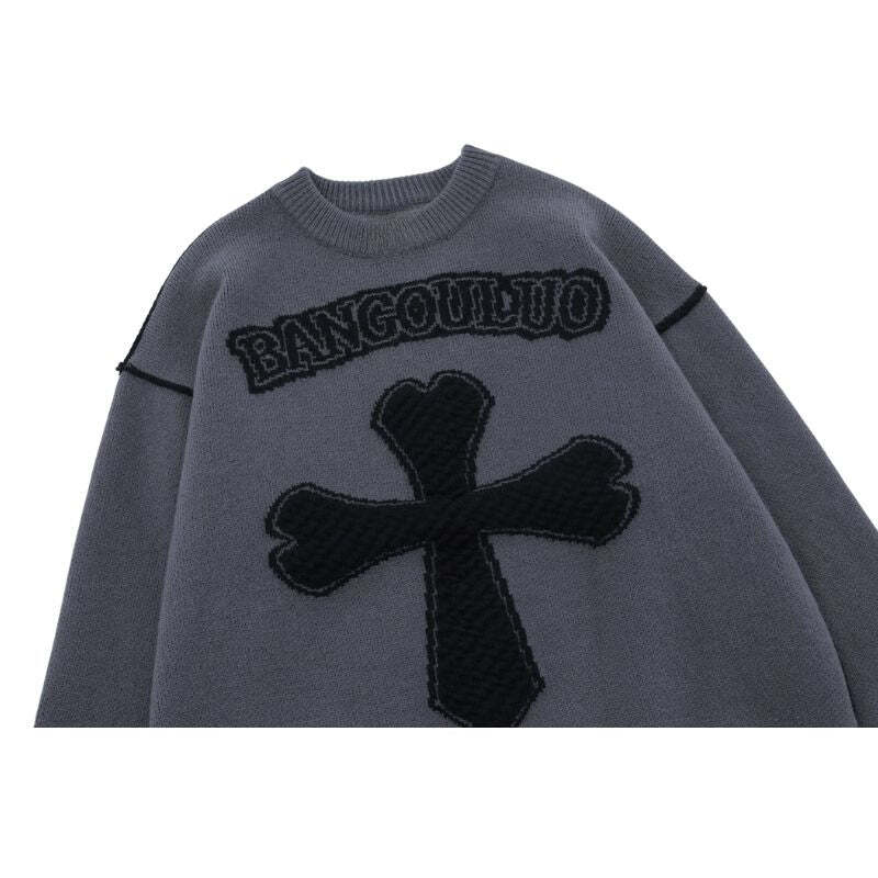 Style Core Aesthetics, New Style Trends Vintage Cross Pattern Embroidered Sweater Style Core Aesthetics, New Style Trends Vintage Cross Pattern Embroidered Sweater