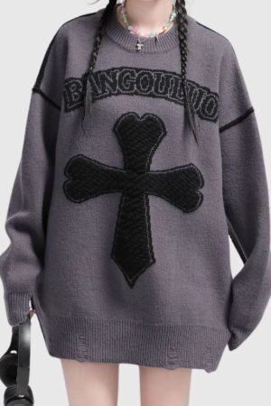 Style Core Aesthetics, New Style Trends Vintage Cross Pattern Embroidered Sweater