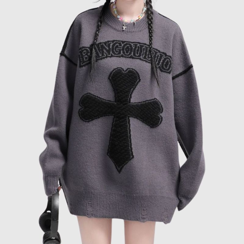 Style Core Aesthetics, New Style Trends Vintage Cross Pattern Embroidered Sweater Style Core Aesthetics, New Style Trends Vintage Cross Pattern Embroidered Sweater