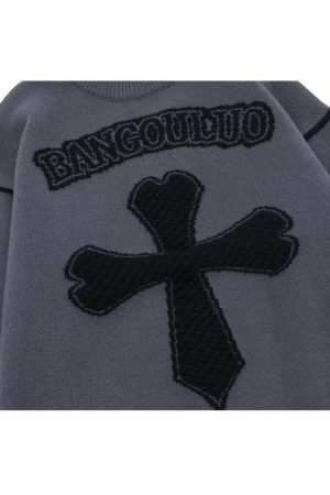 Style Core Aesthetics, New Style Trends Vintage Cross Pattern Embroidered Sweater