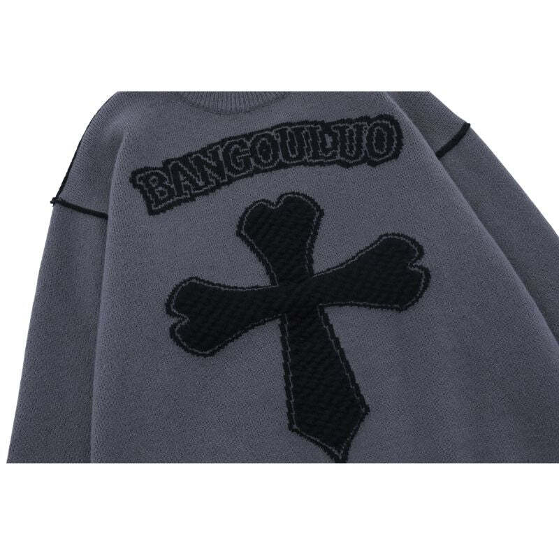 Style Core Aesthetics, New Style Trends Vintage Cross Pattern Embroidered Sweater Style Core Aesthetics, New Style Trends Vintage Cross Pattern Embroidered Sweater